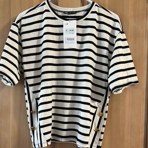 Zara Black and White Striped Tee with Button Details